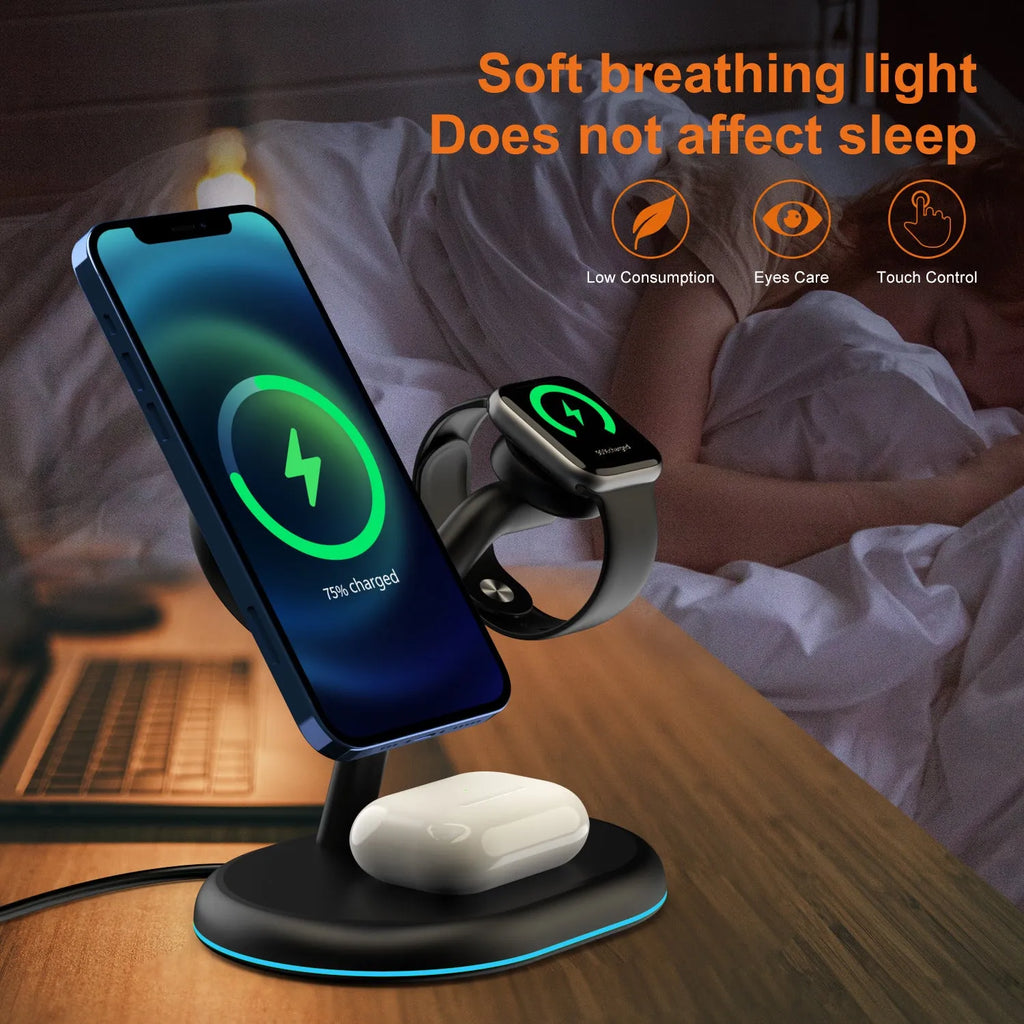 Black multifunctional three-in-one magnetic wireless charger on a flat surface.