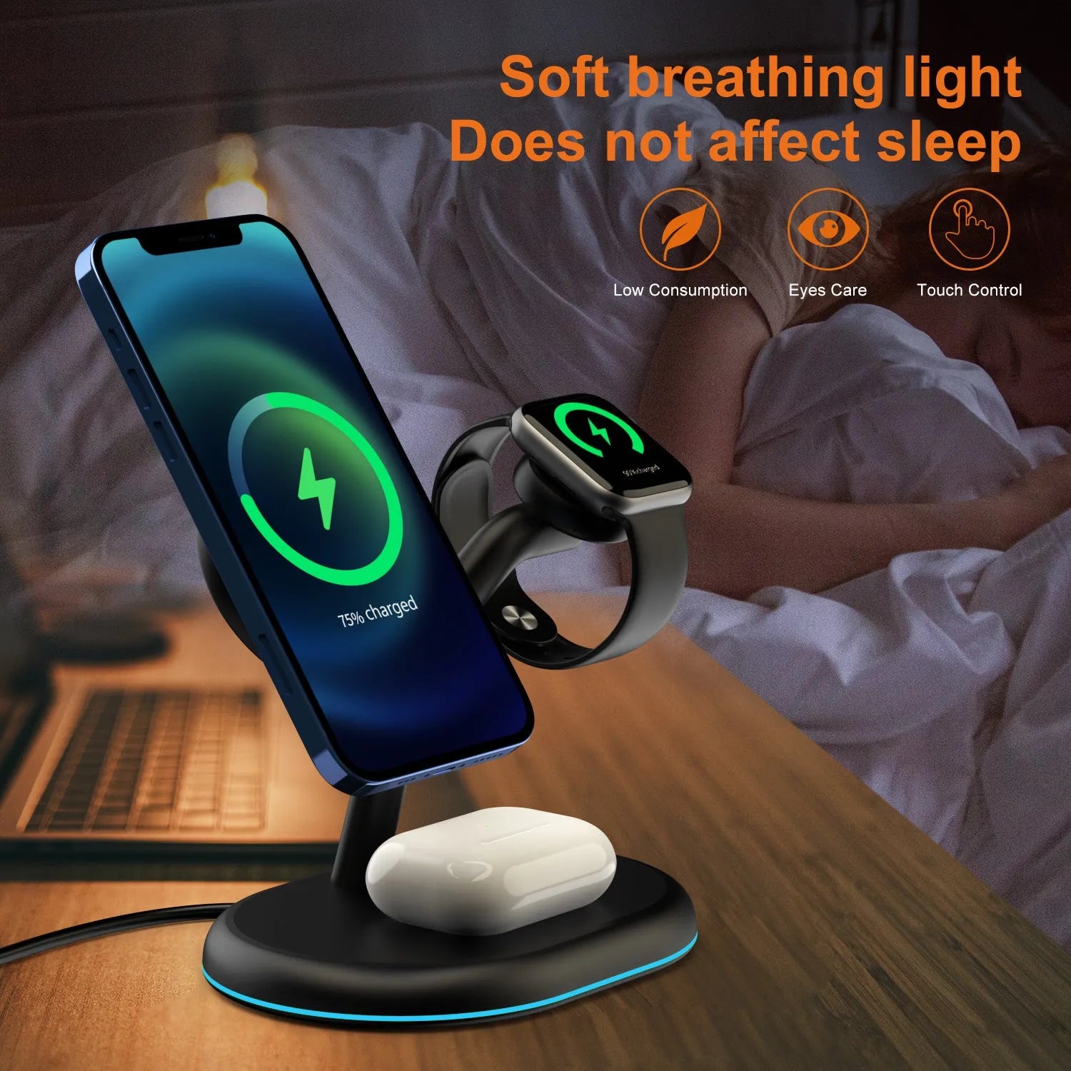 Black multifunctional three-in-one magnetic wireless charger on a flat surface.