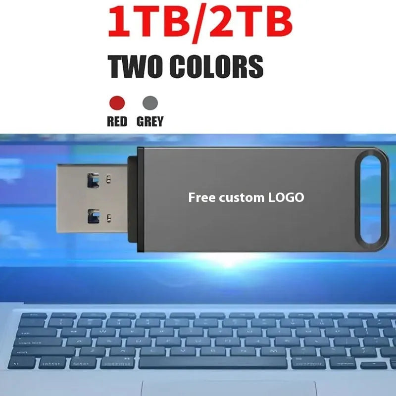 Customisable metal USB flash drive in black, red, and silver colours showing capacity options.
