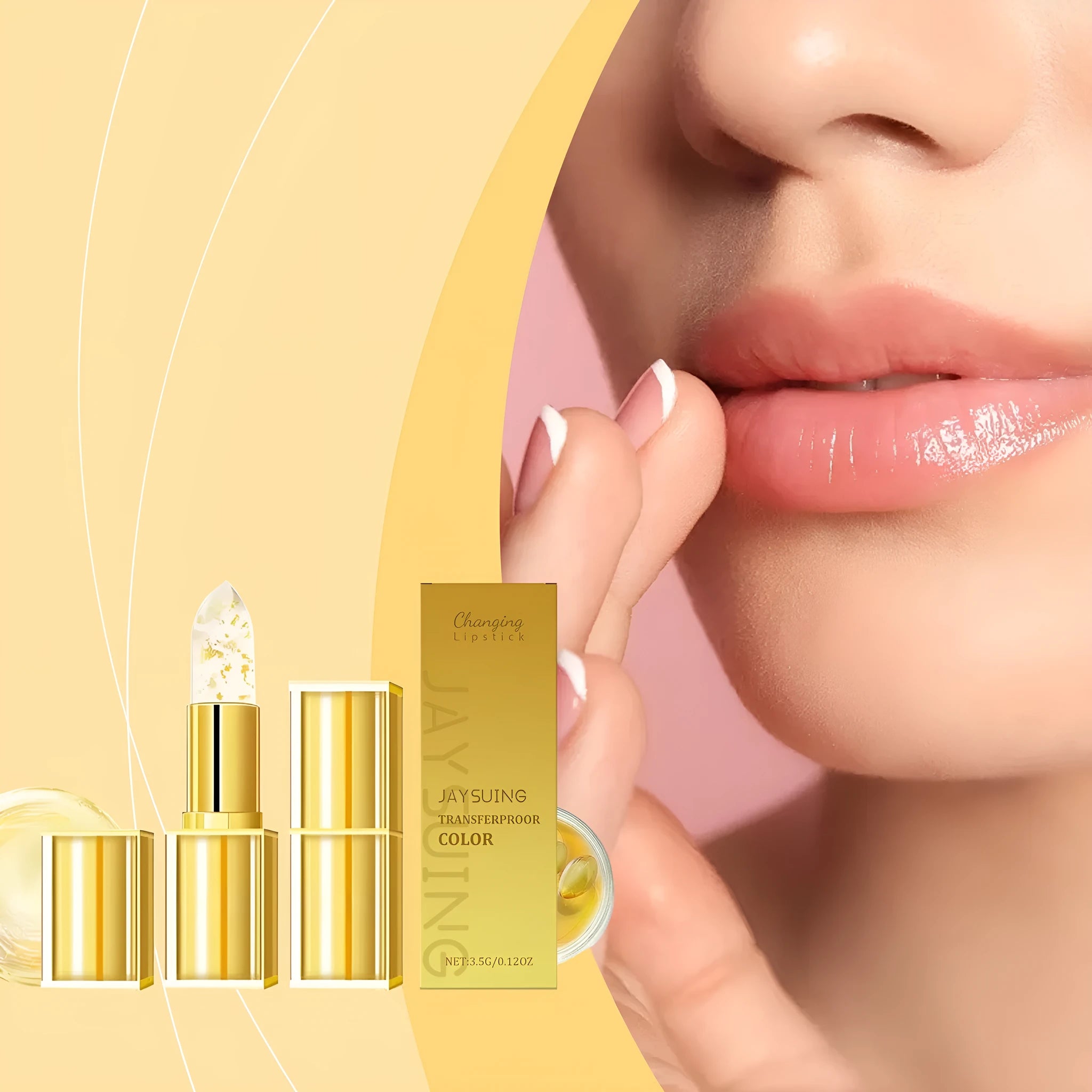 Gold foil discoloration nourishing lipstick in a compact black case, 3.5g net weight.