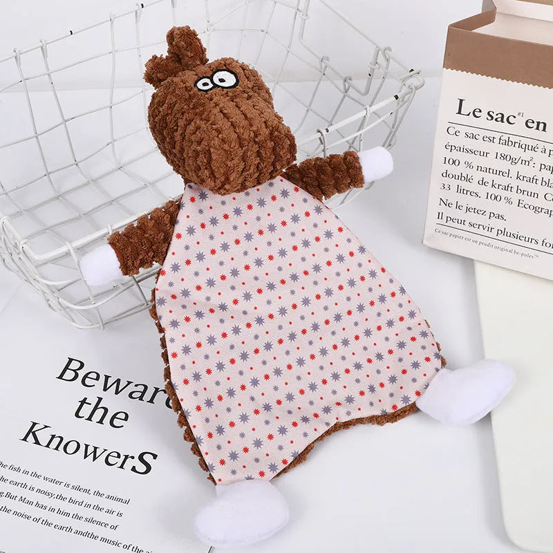 Brown, grey, and orange velvet pet stuffed toys in fox and elephant designs with crinkle sound paper inside.
