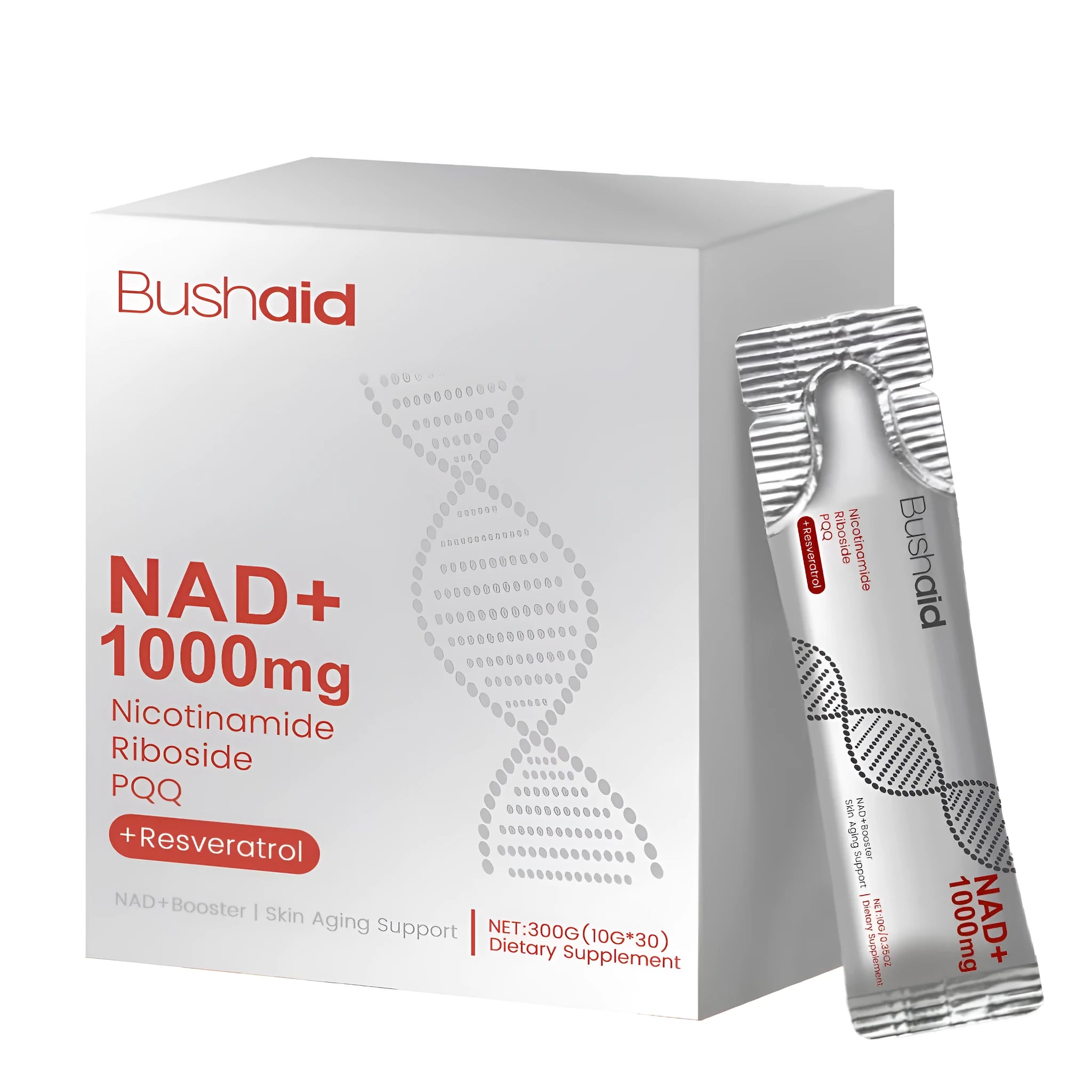 Container of anti-ageing drink powder supplement with nicotinamide riboside and resveratrol.