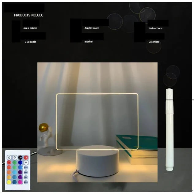 3D acrylic LED message board night light on a desk, showing illuminated surface and remote control