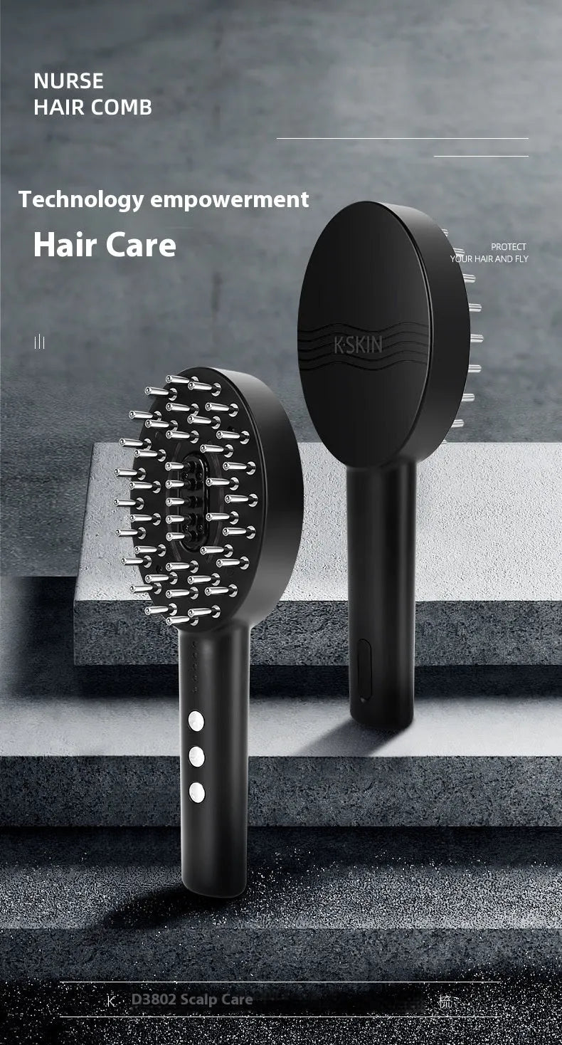 Black handheld scalp massage device with vibration therapy function and USB charging cable