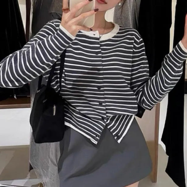 French style striped cardigan for women in dark grey with white stripes, slim fit with 40cm length