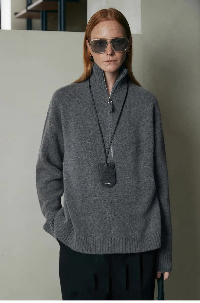 Women's loose lapel bandage dress top in wool blend, long sleeve pullover in black or grey