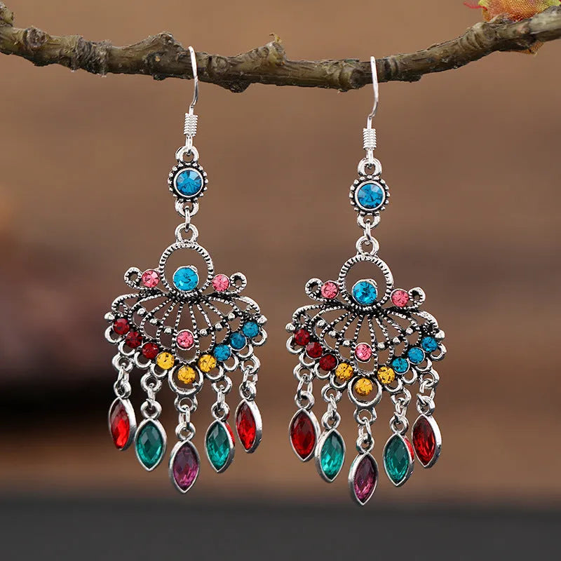 Purple retro court crystal long fringe drop earrings with ethnic style elements