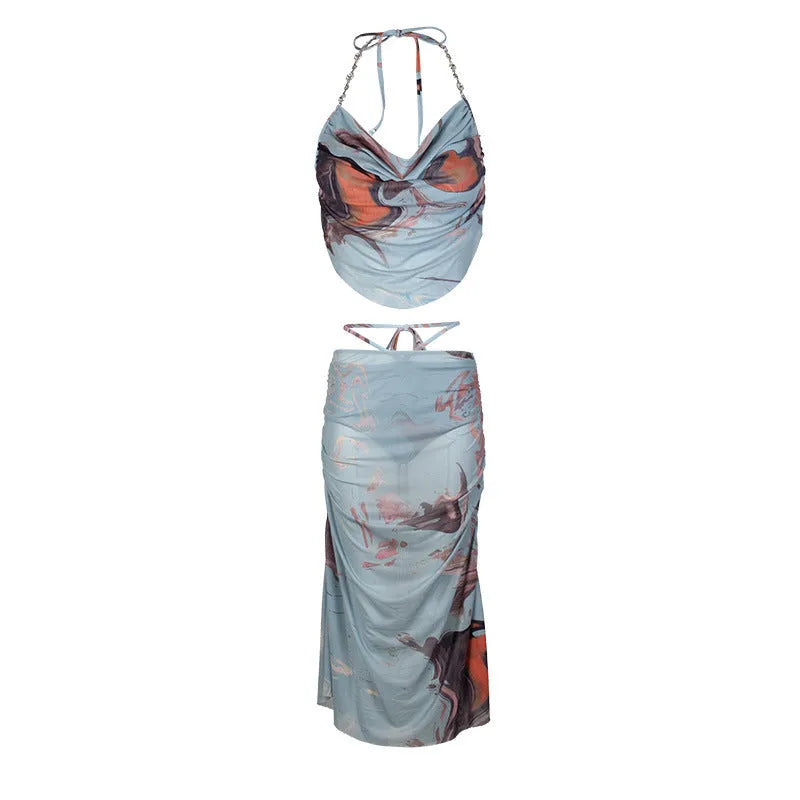 Blue women's bikini set with diamond chain split design and backless styling