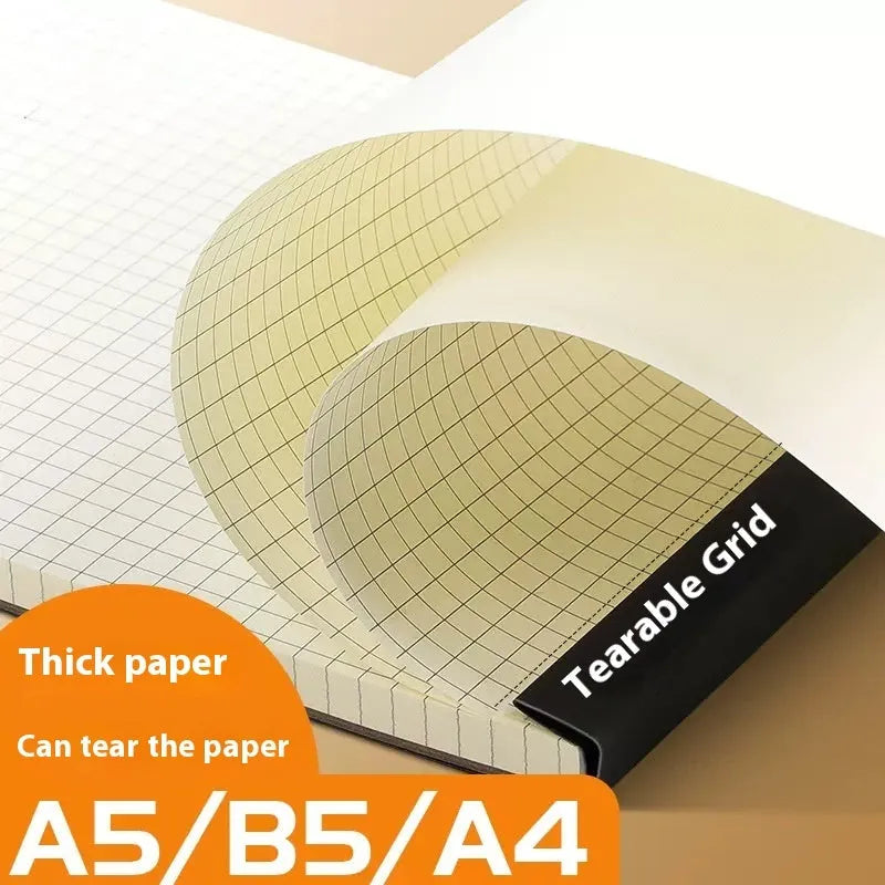 A5, B5, and A4 writing pads with paper covers, showing horizontal line, grid, and blank page ruling styles.