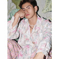 Pink and blue floral long sleeve shirt with embossing texture and loose fit