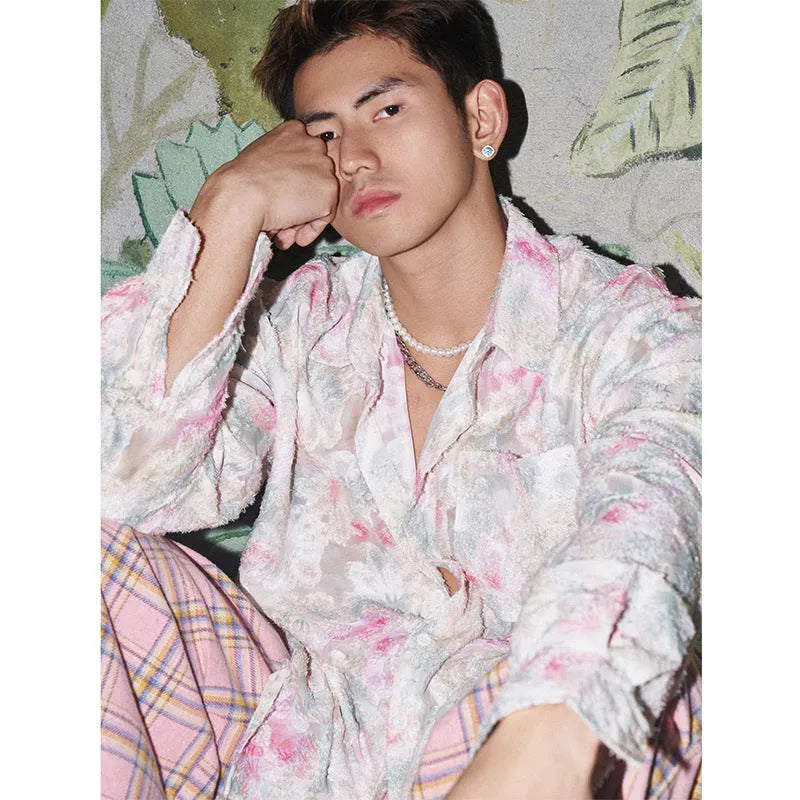 Pink and blue floral long sleeve shirt with embossing texture and loose fit