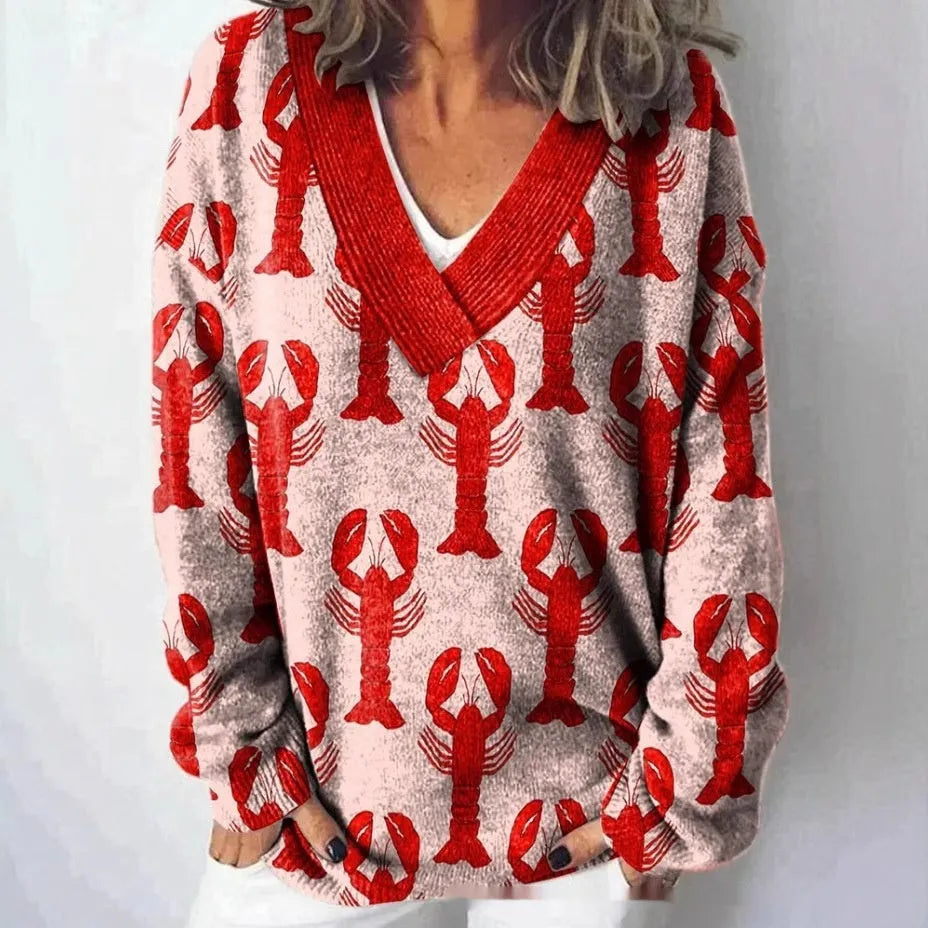 Women's V-neck long sleeve sweatshirt with a full-coverage 3D floral printed pattern in an art retro style.