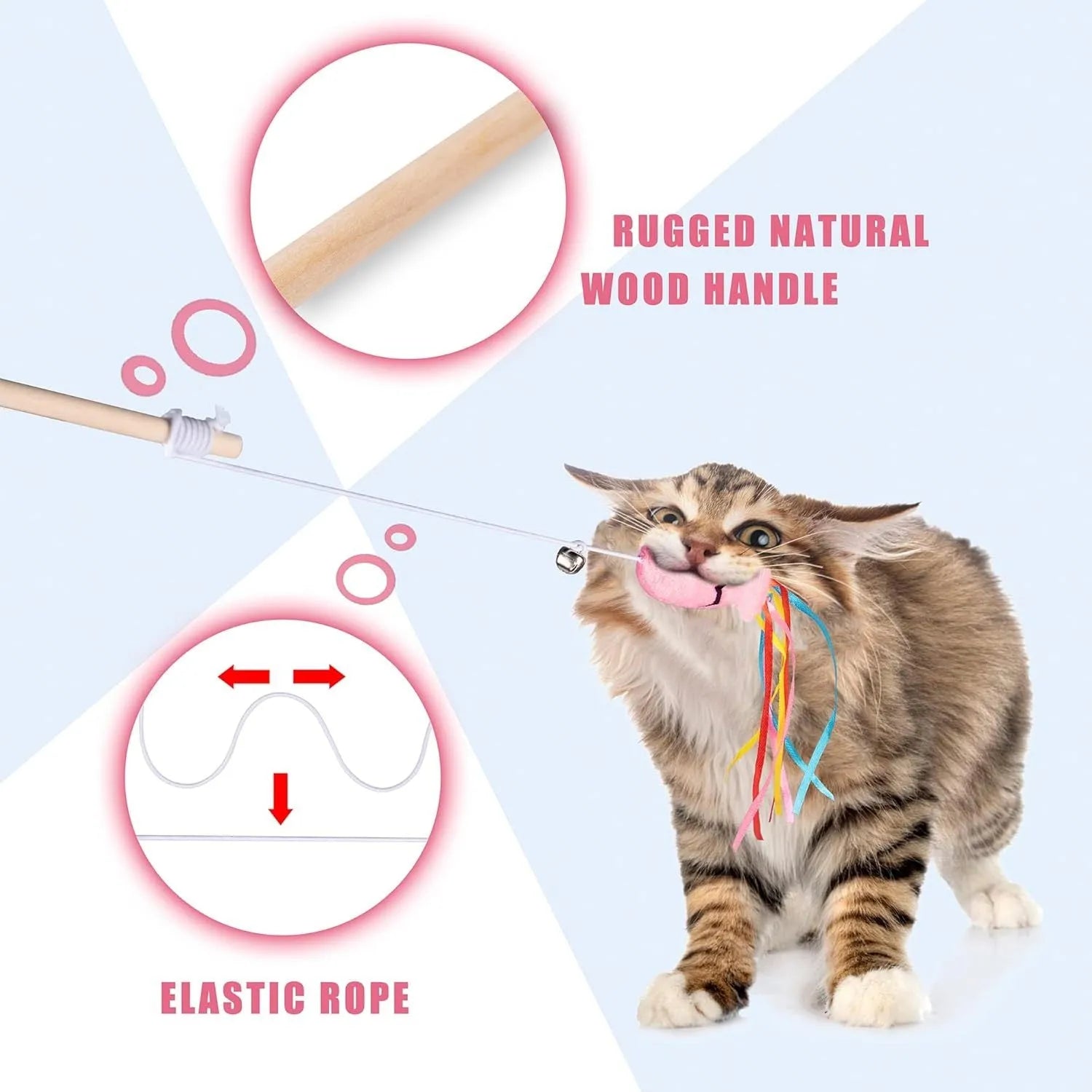 Cat wand toy with wooden handle, colourful ribbons, catnip fish and bell for interactive play with cats