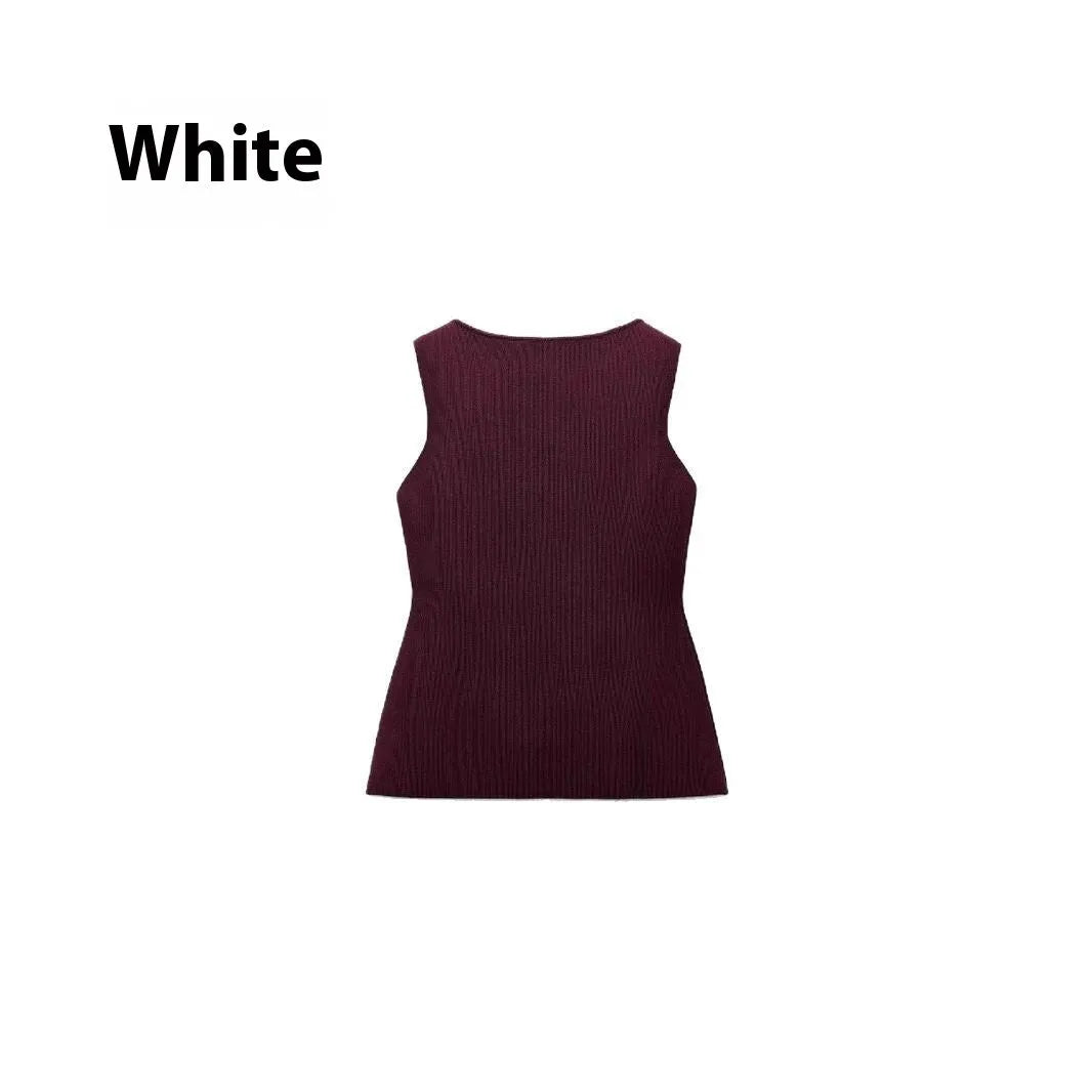 Dark red viscose sweater vest with gold buttons and textured 3D pattern, slim fit sleeveless cardigan style