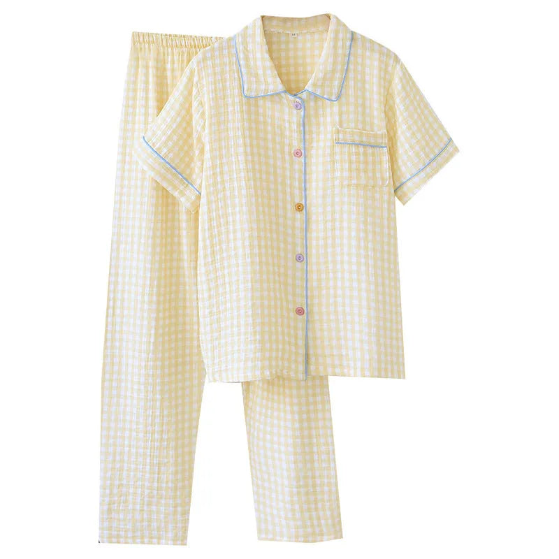 Washed cotton short-sleeve top and loose trousers casual set in yellow plaid design.