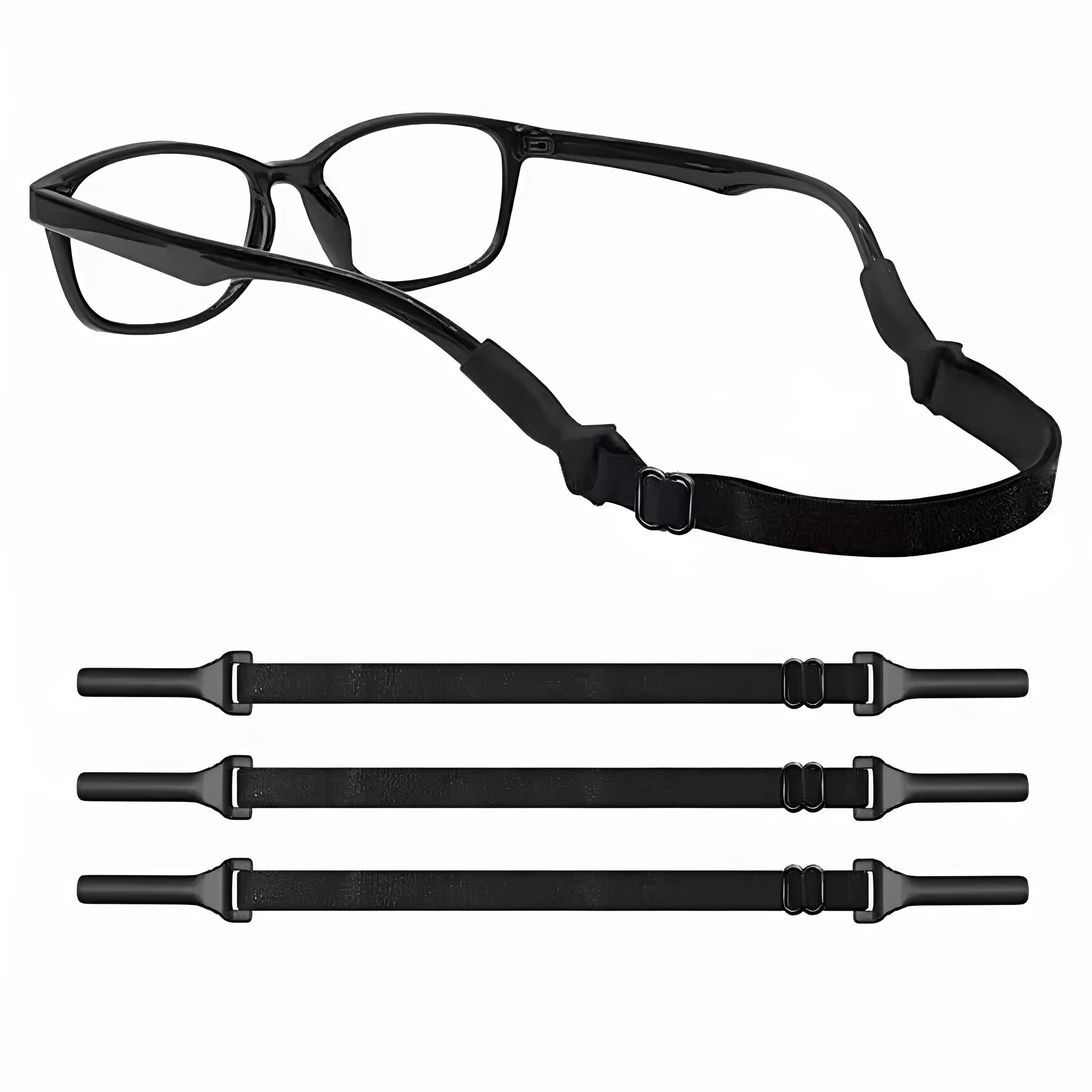 Black adjustable glasses cord with silicone earpiece hooks for anti-slip eyewear retention