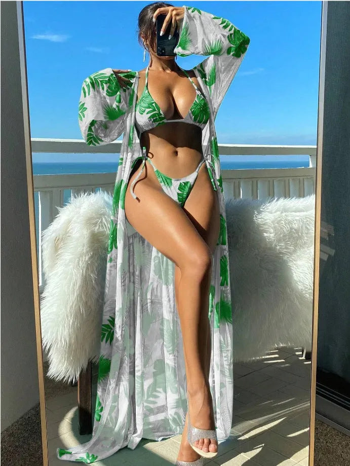 Women's long sleeve blouse and banded bikini set with robe in multiple colour options