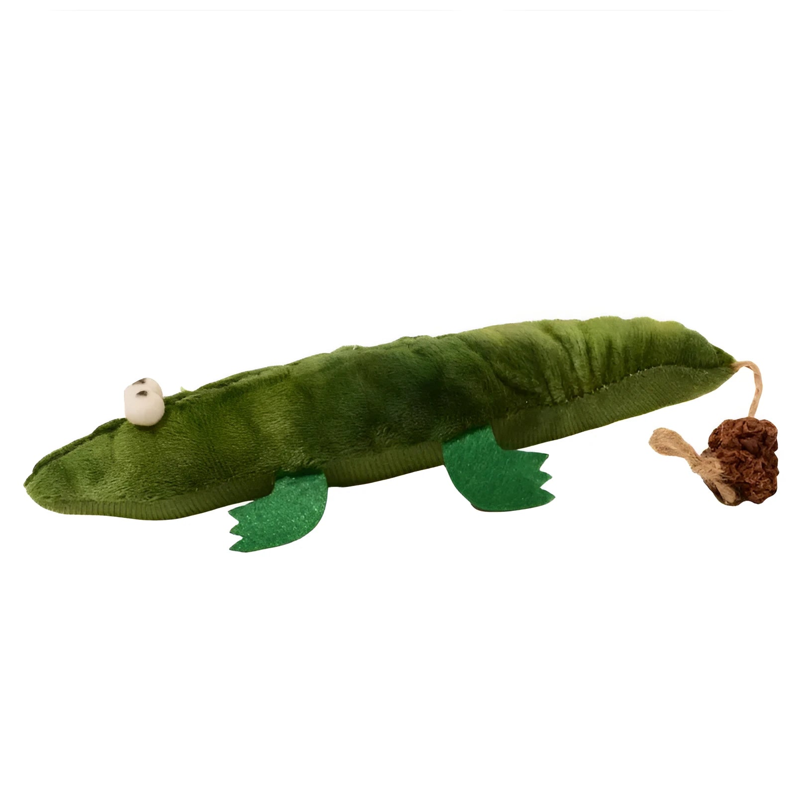 Green plush alligator cat toy with catnip filling and peppermint scent for oral cleansing.