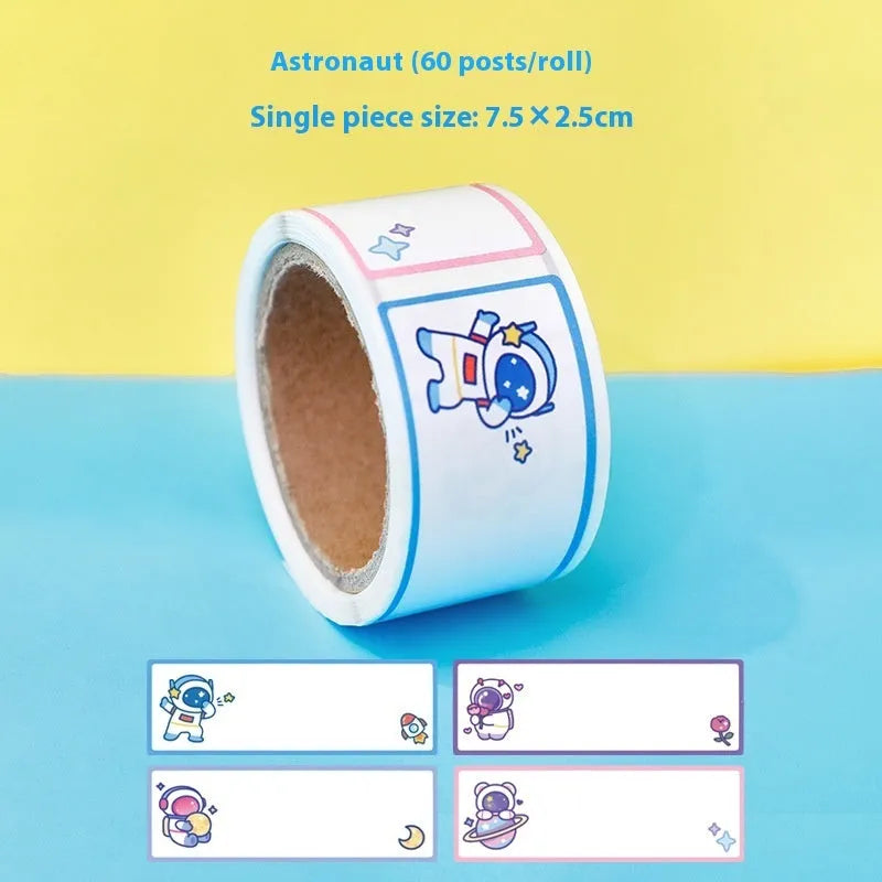 Roll of creative cartoon tape name stickers with dinosaur, astronaut, rabbit and girl designs for student organisation
