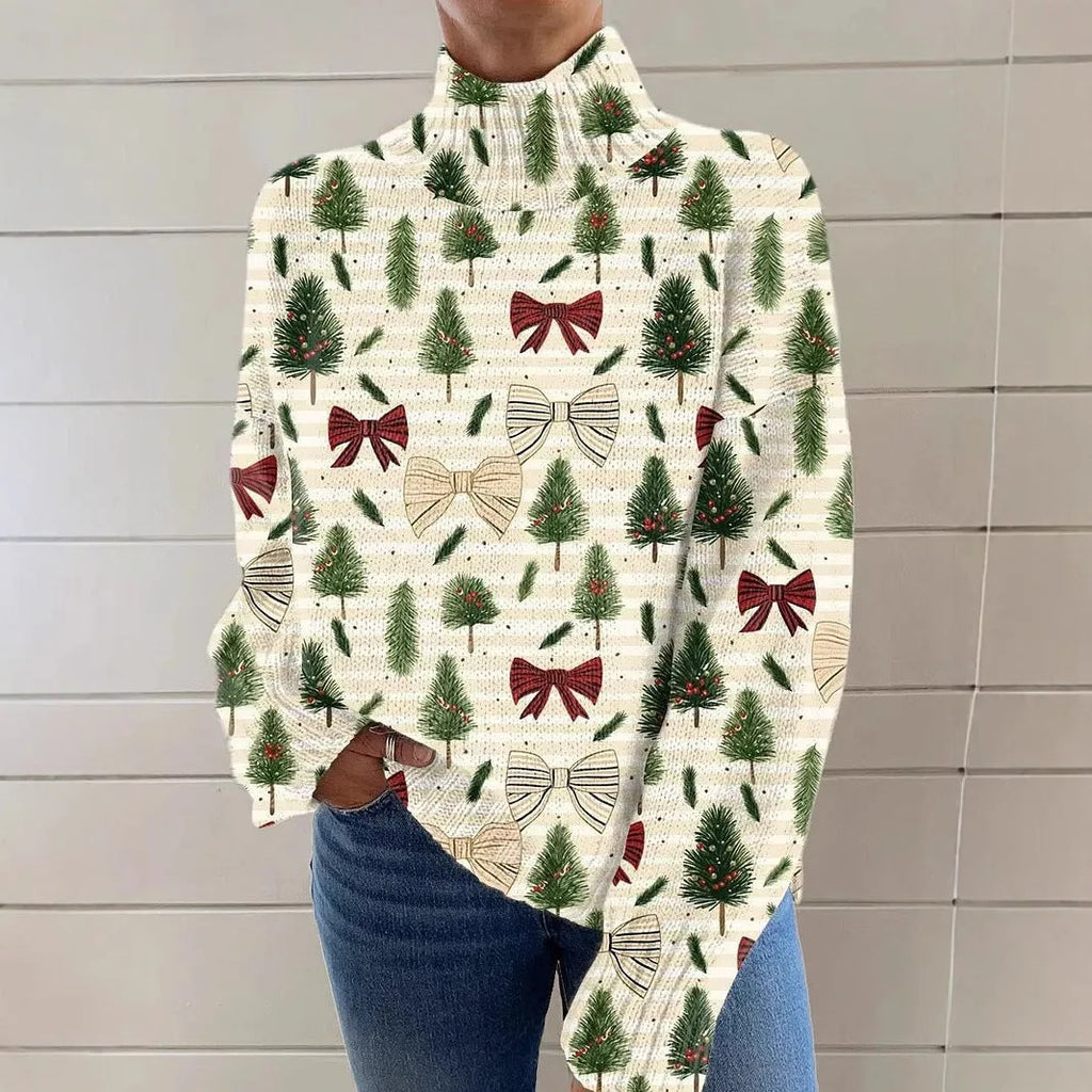 Women's loose-fit Christmas printed turtleneck sweater in a macaron colour on a hanger
