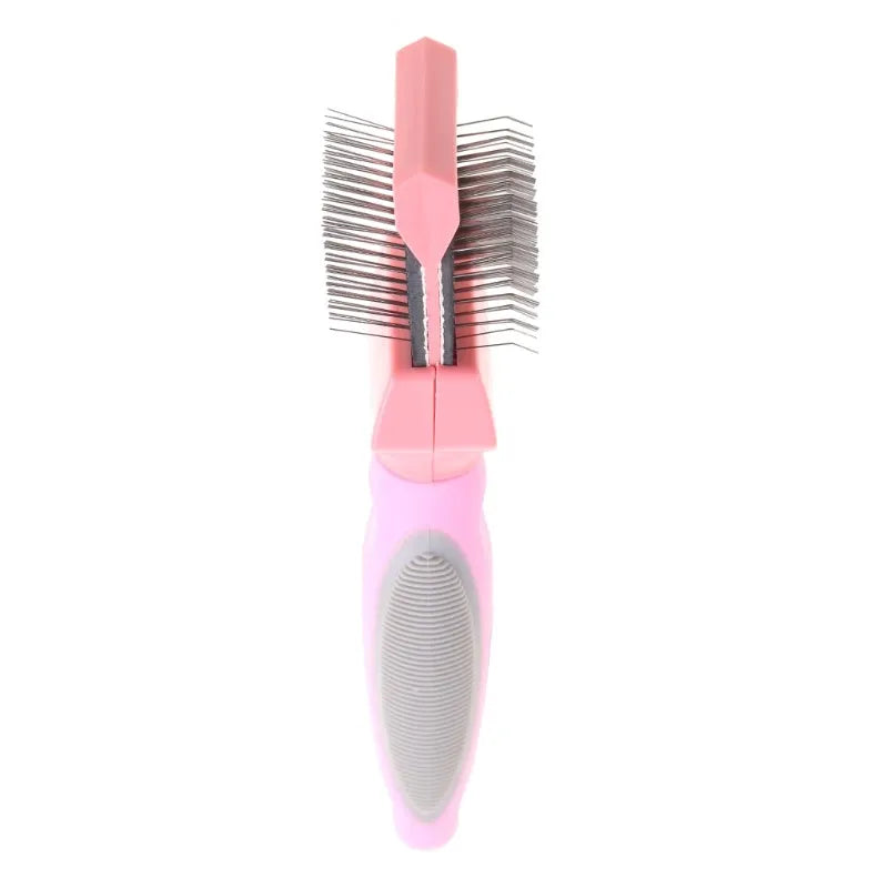 Double-sided pet brush with stainless steel pins on one side and soft bristles on the other