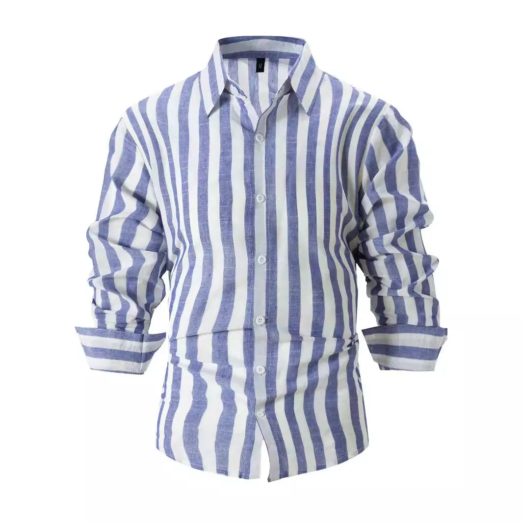 Men's yarn-dyed striped loose long-sleeved shirt in cardigan style with six colour options