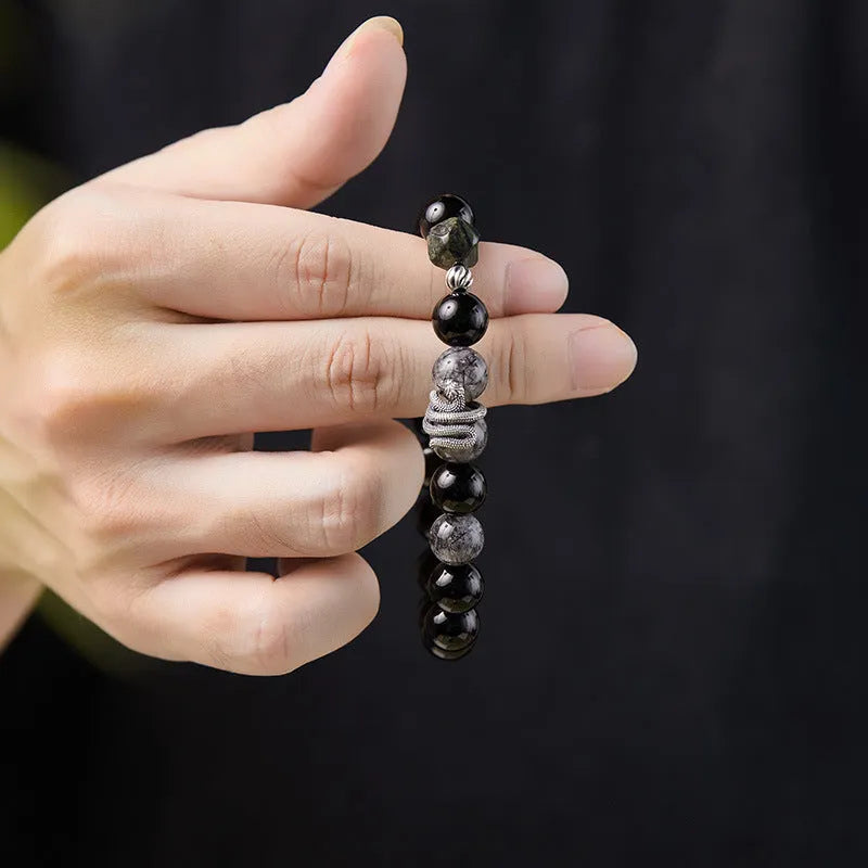 Men's black S925 sterling silver bracelet with 10mm obsidian stone and retro snake design