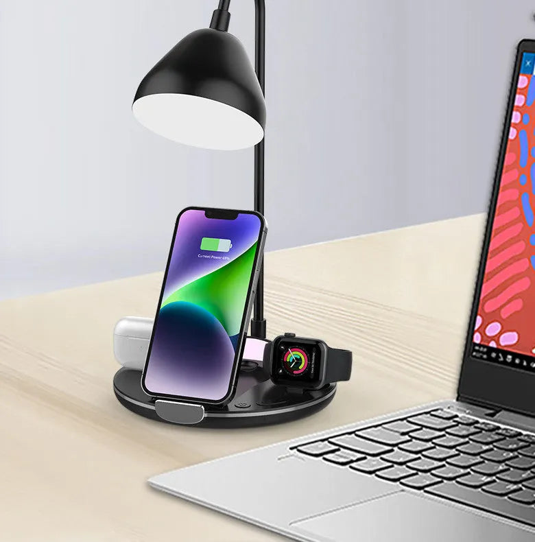 Black magnetic folding wireless charger showing adjustable stand position with USB cable