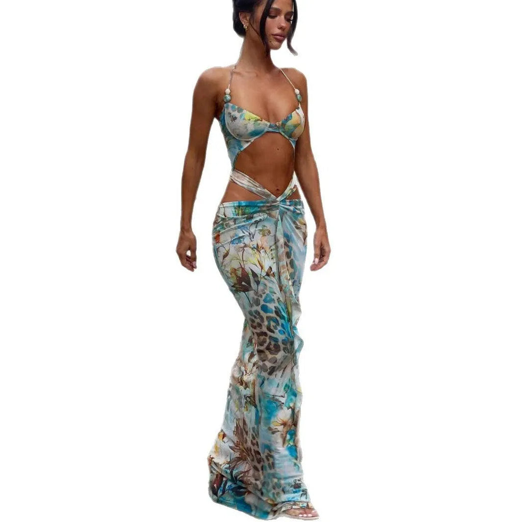 Nylon women's bikini three-piece set with printed split dress in blue colour, sizes S M L