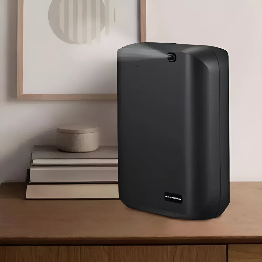 HVAC wall mount diffuser with app control in white or black colour, showing dimensions and plug adapter options