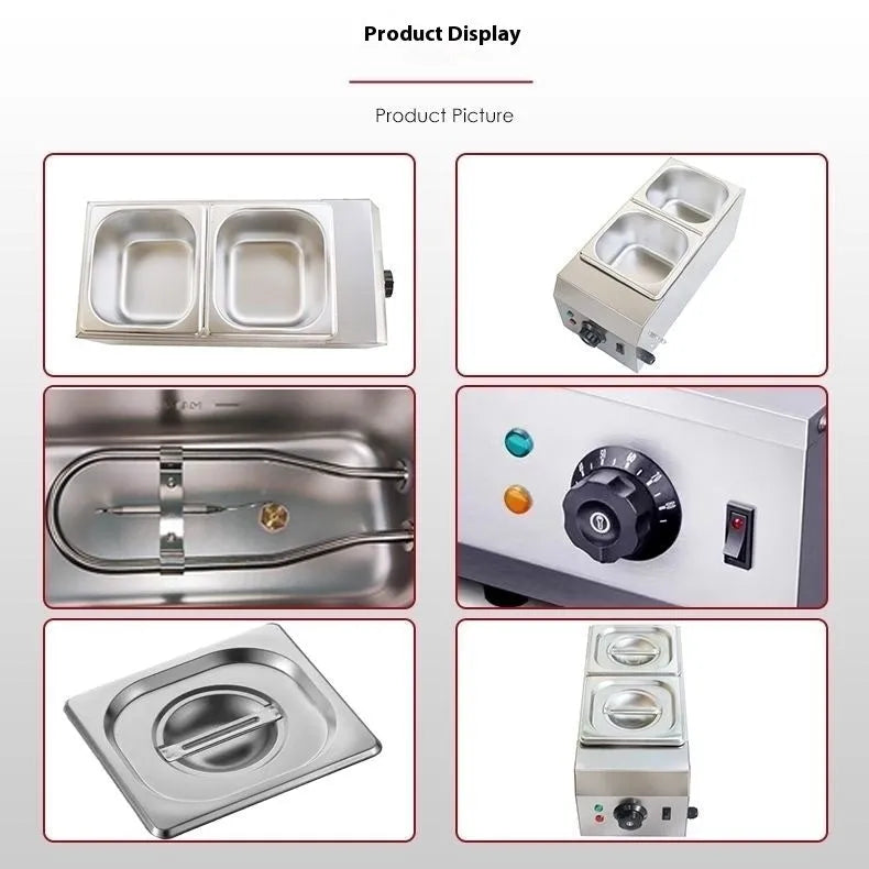 Commercial chocolate melting machine with stainless steel construction and temperature control display