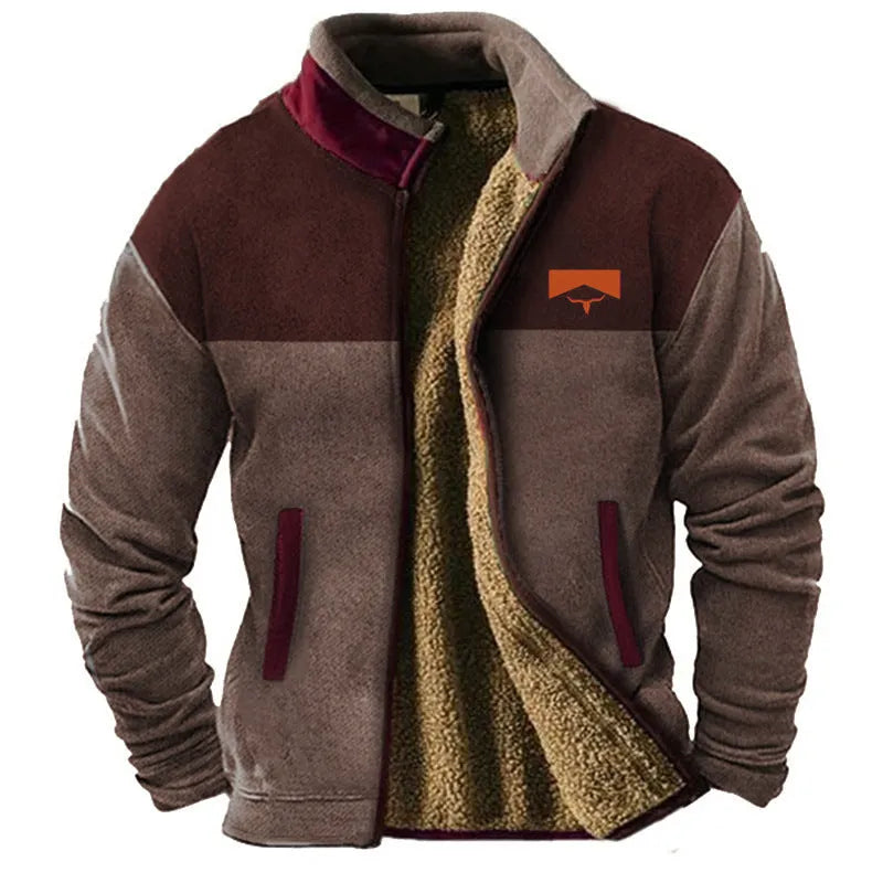 Men's blue padded fleece coat with a regular fit on a hanger.
