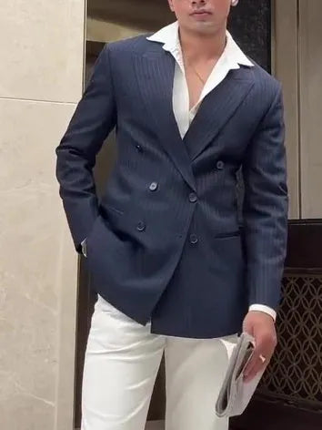 Men's classic striped double-breasted blazer on a hanger