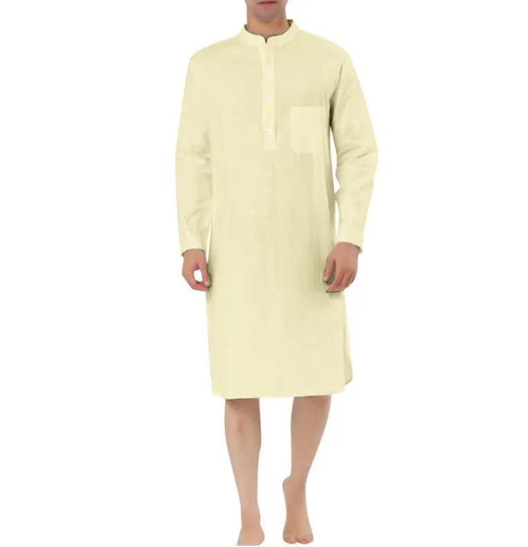 Men's simple pocket shirt robe in cotton fabric, shown in a selection of available colours.