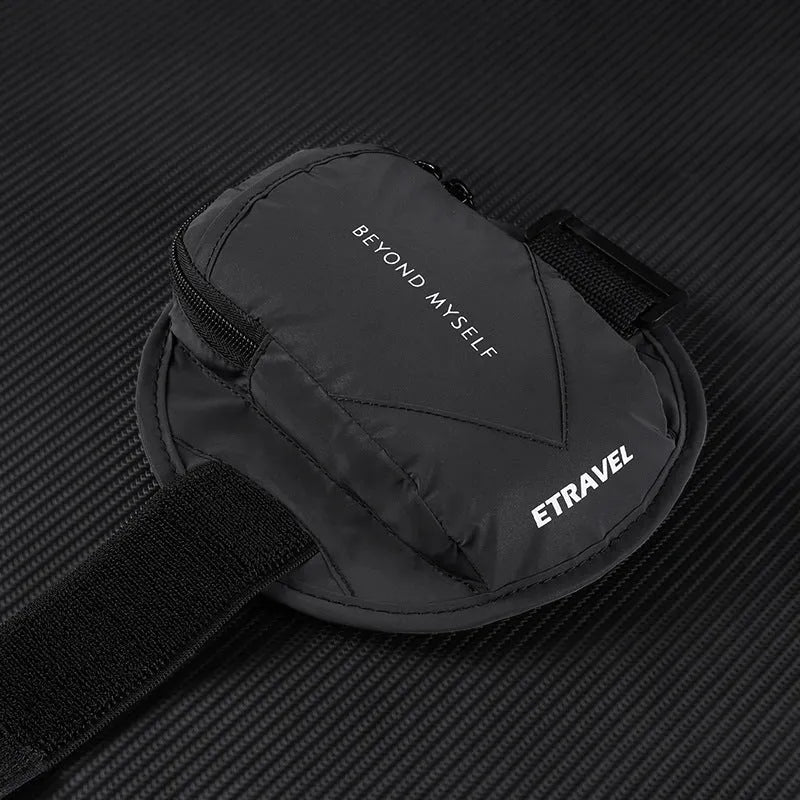 Black reflective running arm bag with adjustable strap and 7-inch capacity.