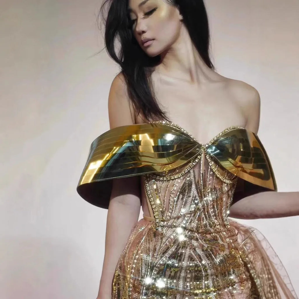 Gold strapless sequin dress with split skirt and tube top for women's formal occasions