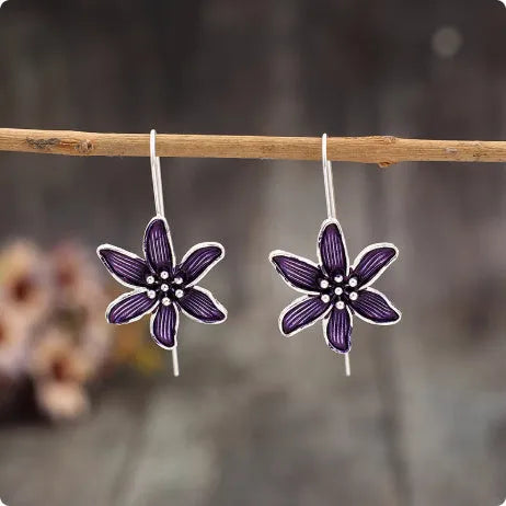 Purple flower-shaped alloy earrings with retro elegant design and electroplated finish