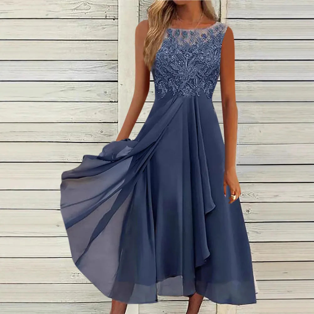 Women's sleeveless chiffon dress with lace stitching in blue, green, or purple.