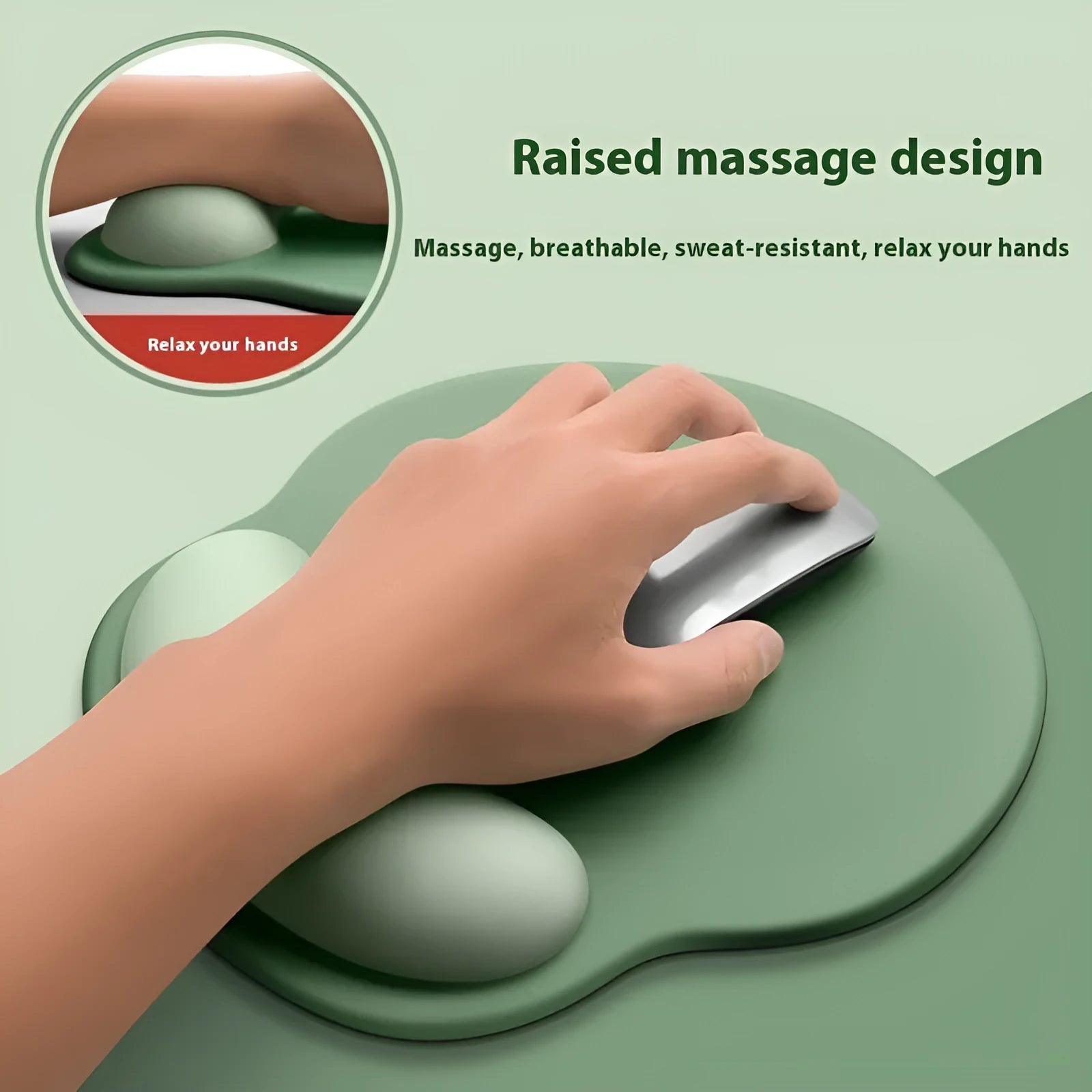 Silicone mouse mat with wrist support in various colour options showing 220mm x 250mm dimensions