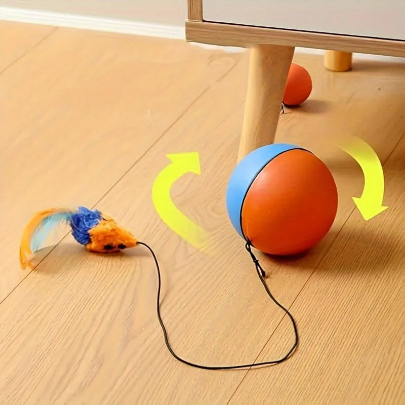 Blue and orange interactive cat toy ball with plush mouse attachment for indoor feline exercise