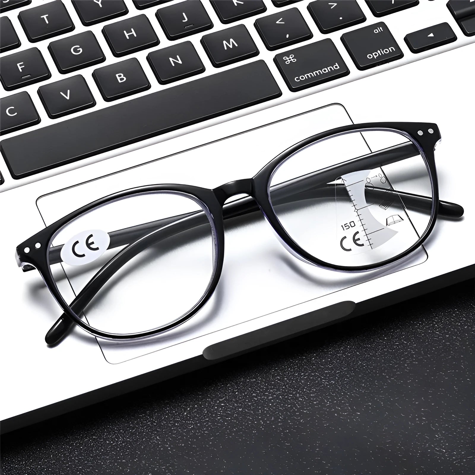 Women's multi-focus presbyopic glasses with lightweight frame in black and blue focus colour option