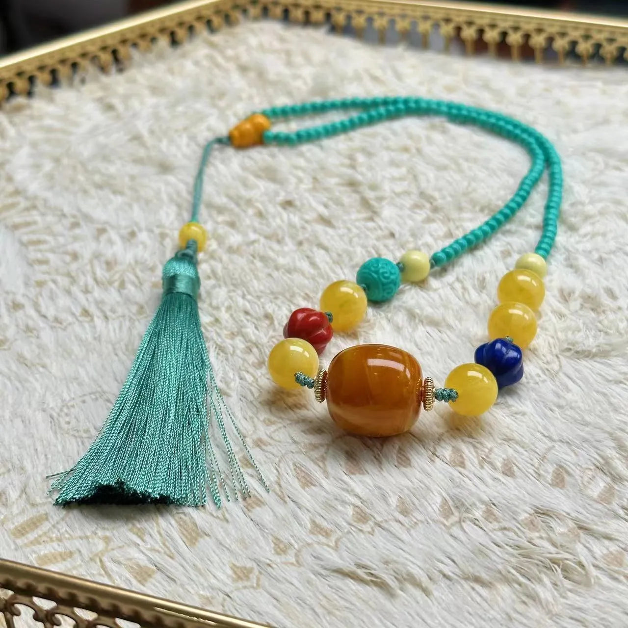 Turquoise mesh flower lucky pendant necklace on ball bead chain, adjustable 71-80cm