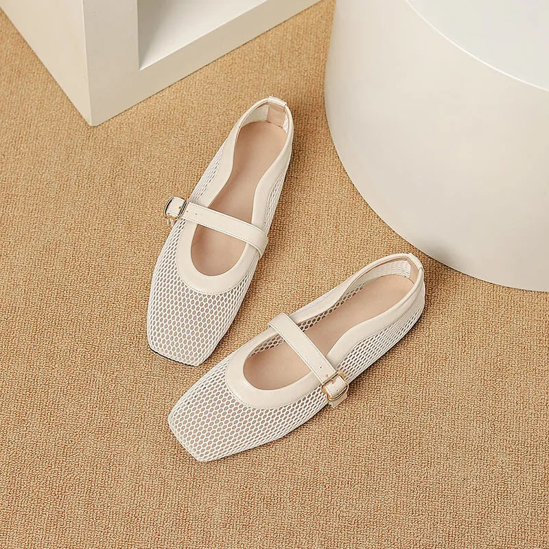 Women's low-heel summer pump in mesh with buckle fastening and square toe, shown in a neutral colour.