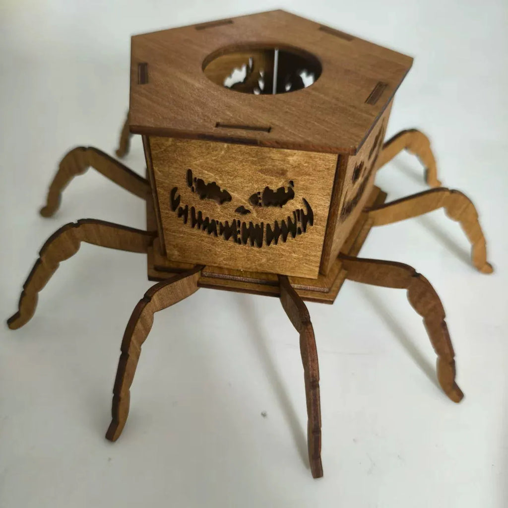 Wooden Halloween spider mini lantern candlestick decoration measuring 21cm by 8.5cm