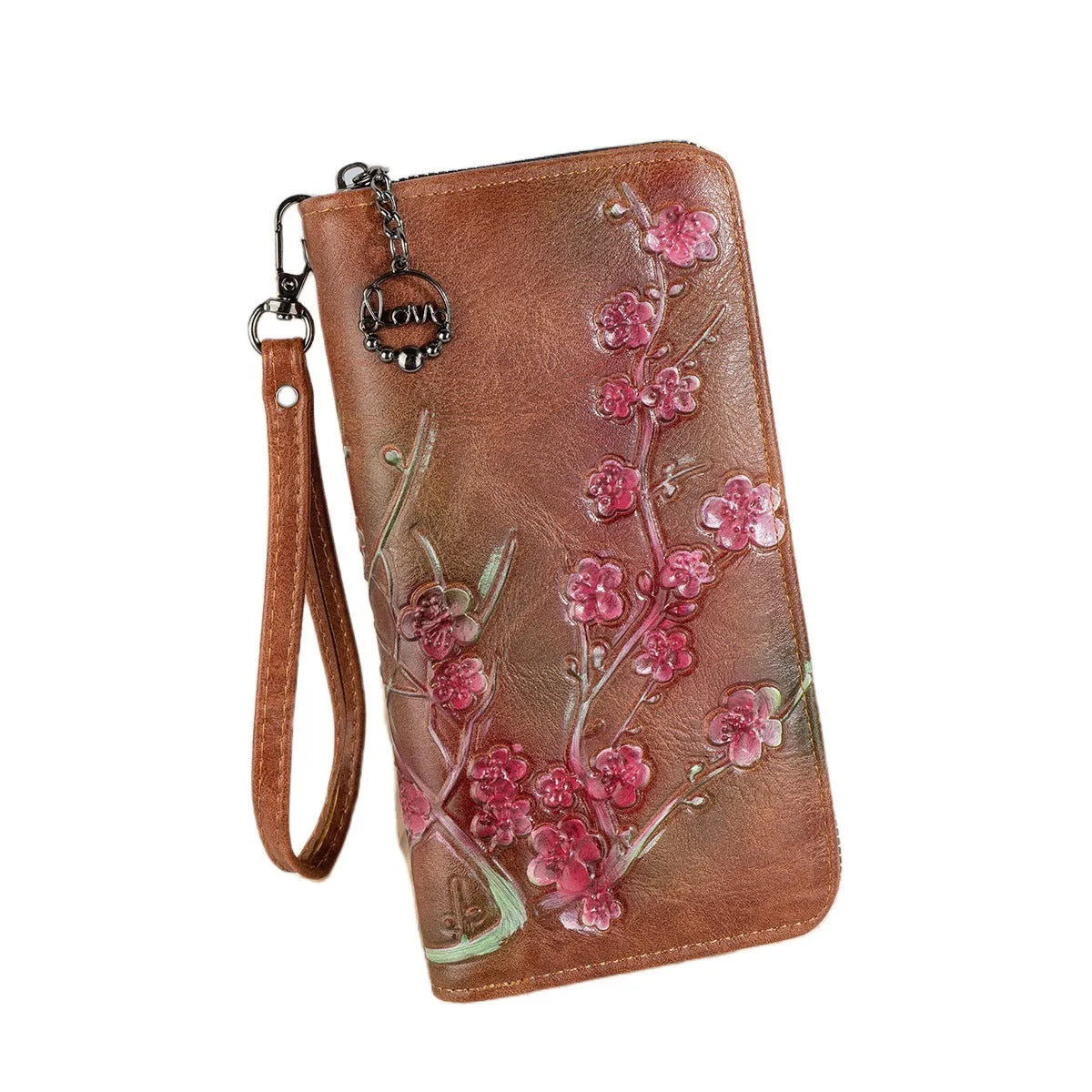 Chinese style embossed floral handbag with zipper closure in black, brown or coffee colours