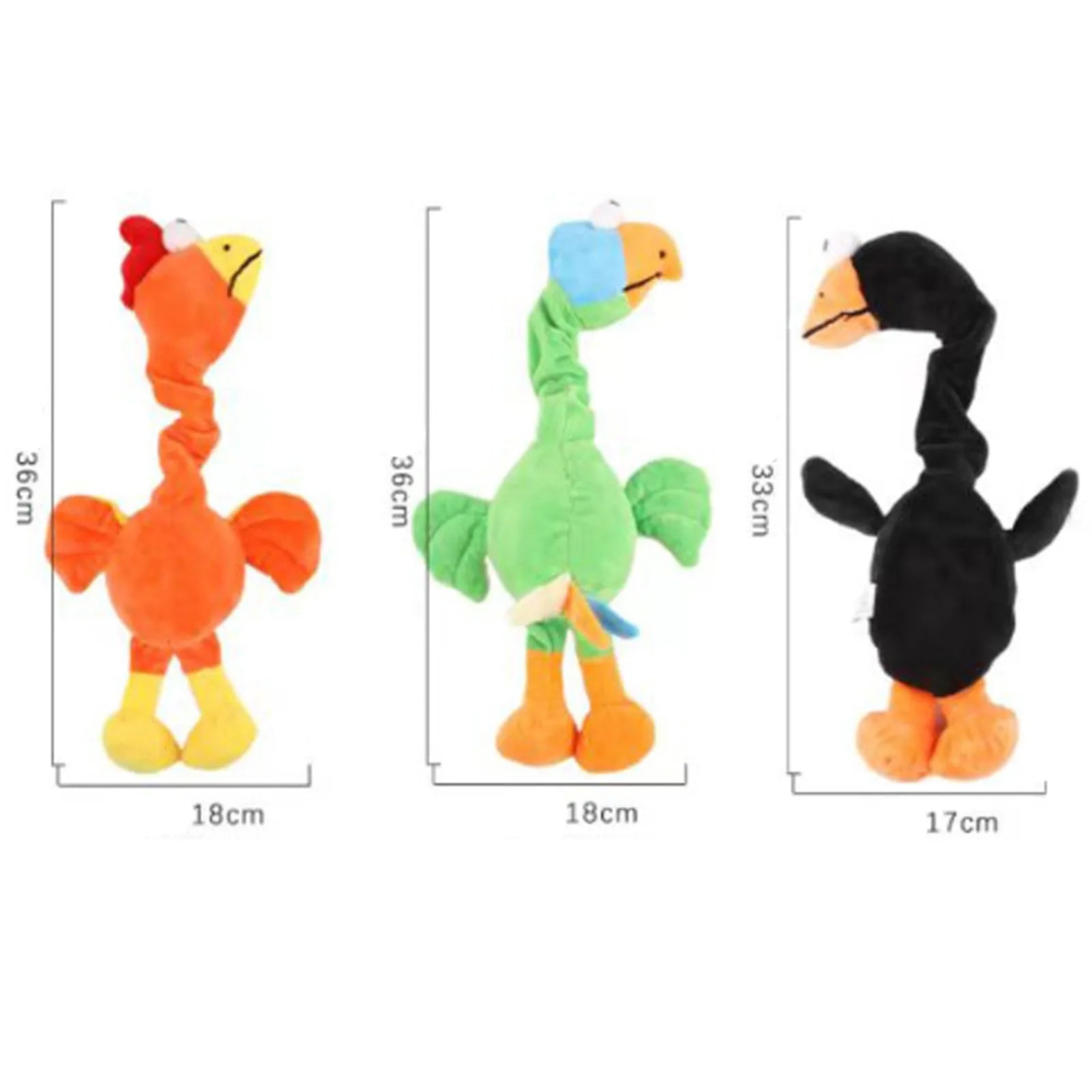Screaming chicken sound dog chew toy in green colour, shown with bite marks, 19cm long.