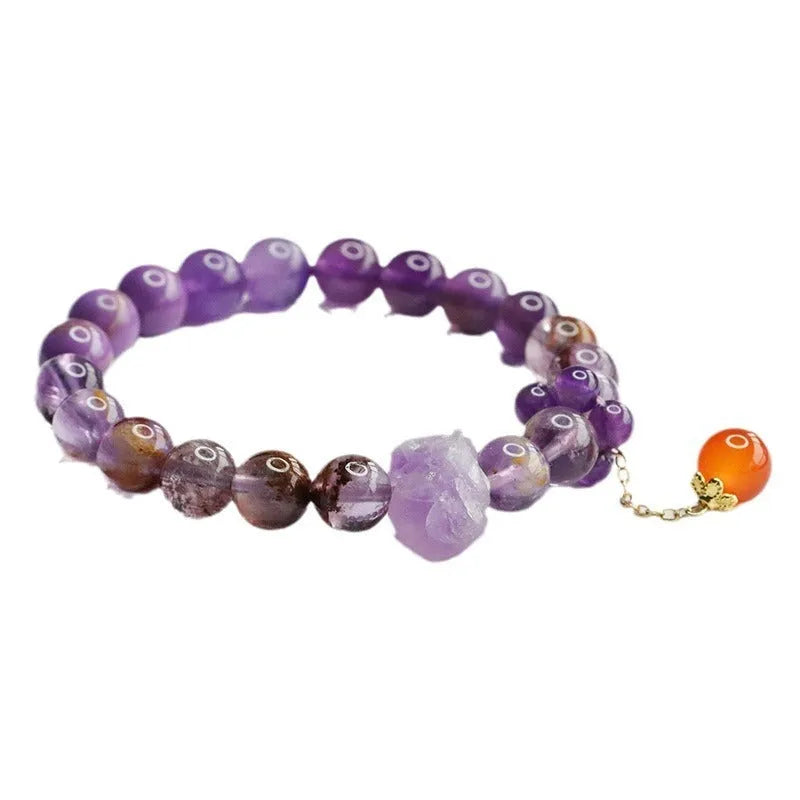 Natural nine purple amethyst and red agate Duobao crystal bracelet in Mori style, showing 8mm beads.