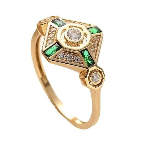 Square geometric women's ring with a lvzuan colour gemstone centrepiece on a plain background.