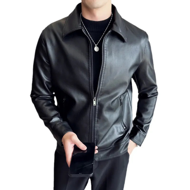 Men's black PU leather casual jacket with zipper and pockets in loose fit design
