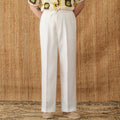 Women's linen straight-leg trousers with elasticated high waist in lace fabric